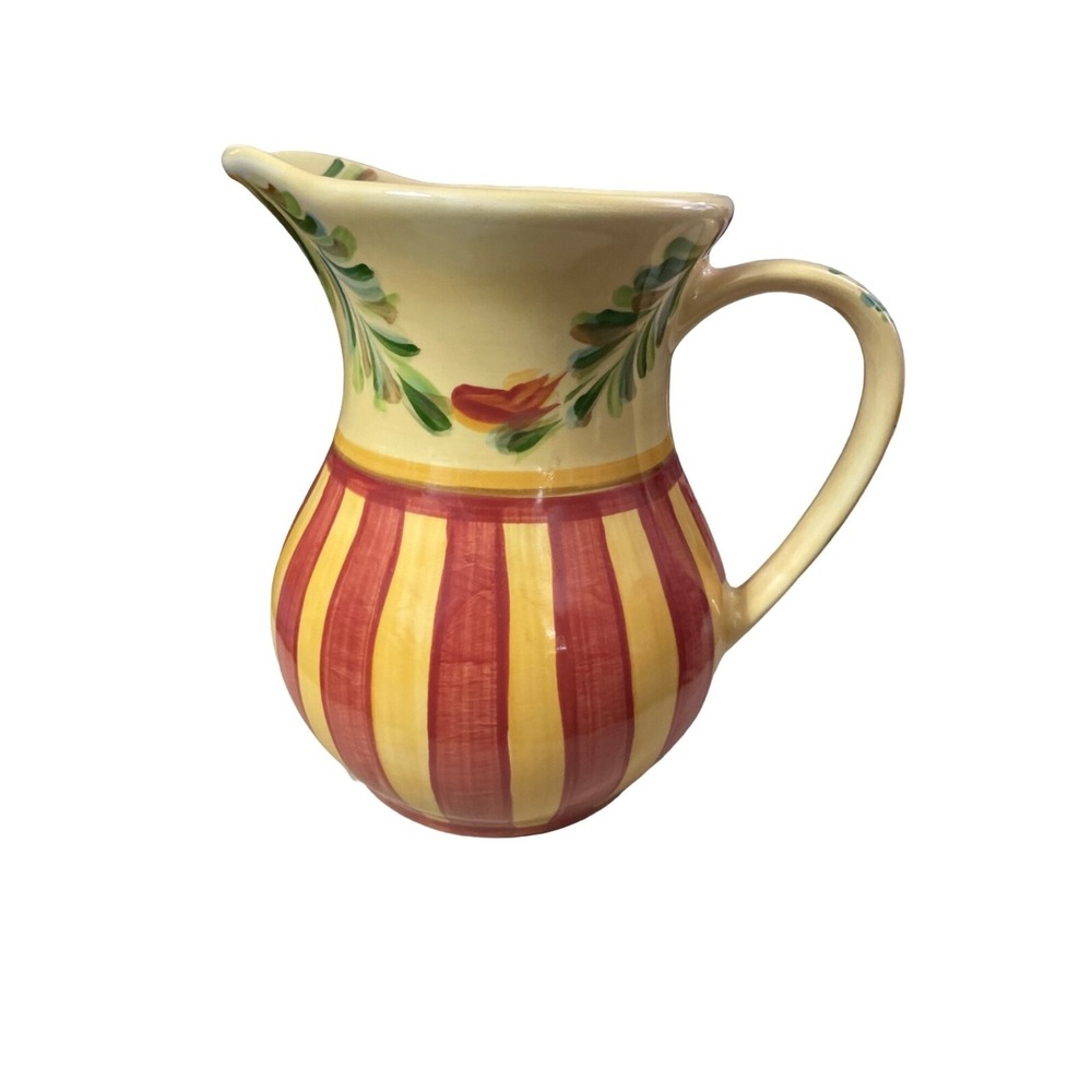 Gail Pittman Ceramic Pitcher Hand Painted Yellow Red Striped Floral Tuscan Decor